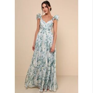 Lulus Soirée Perfection Light Blue Floral Ruffled Tiered Maxi Dress NWT Large